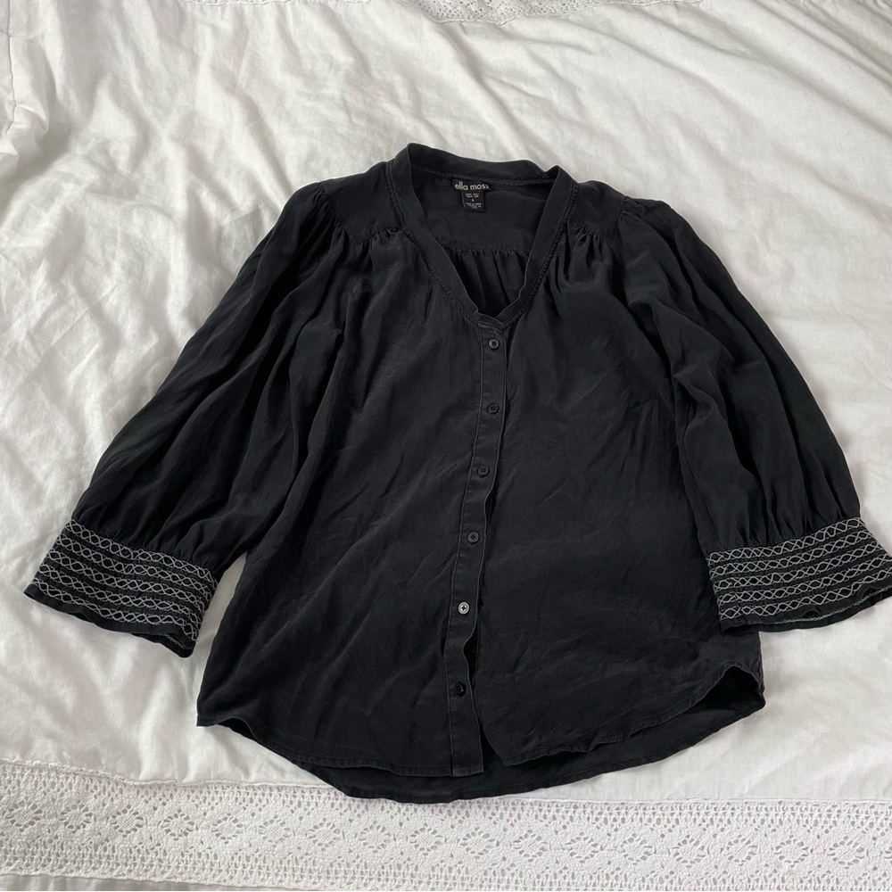 Ella Moss SMALL 100% Silk Black Blouse Smocked cuff Top peasant